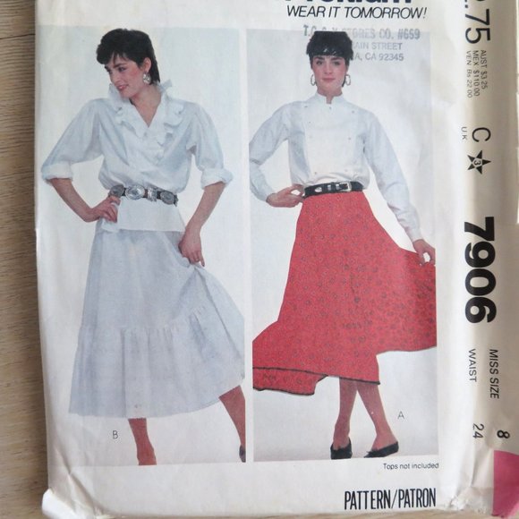 Vintage 80s McCalls 7906 Miss 8 Western Mod Full Tired Midi Skirt 2 Styles CUT - Picture 2 of 16